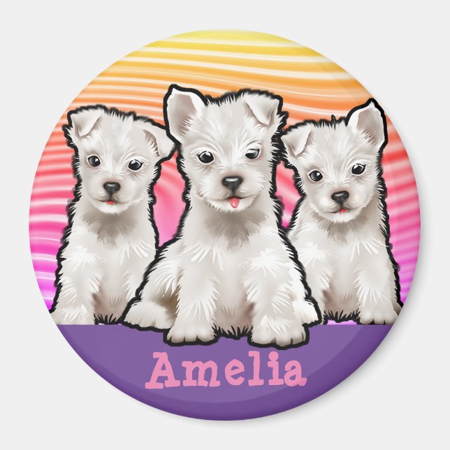 Custom round Magnet Rainbow puppies. (Front)
