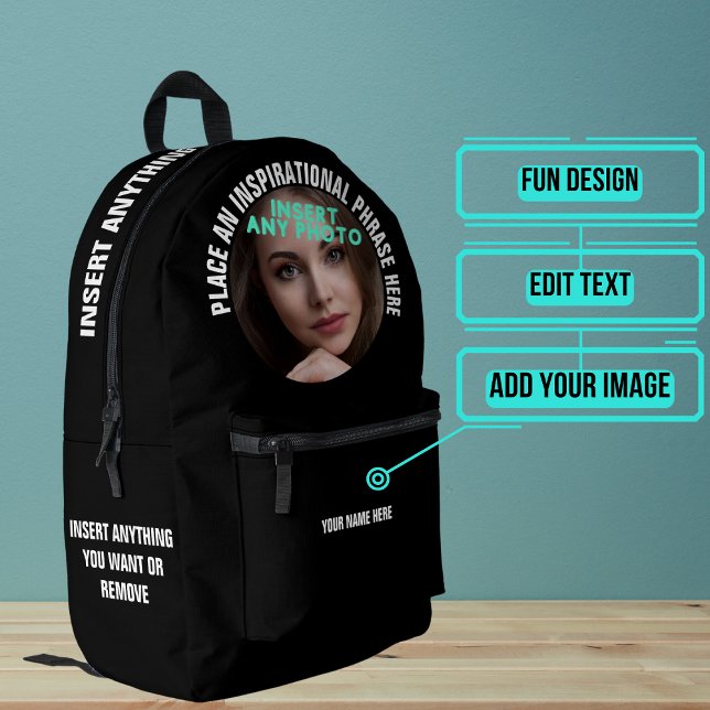 Custom Round Photo and Text Solid Black Printed Backpack (Please enjoy our backpack)