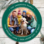 Custom Round Photo Circle Return Address Classic Round Sticker<br><div class="desc">Add the finishing touch to your envelopes, mailings and stationary with these circle custom photo return address labels. Personalized these round return address labels with your favorite photo, pet photo, family photo with dog, names, and address. These modern holiday green return address labels are perfect for the Christmas holiday season....</div>
