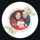 Custom Round Photo Watercolor Greenery Christmas  Classic Round Sticker<br><div class="desc">Add your holiday photo to this elegant white, golden, and green Christmas Greeting Card Sticker. Add one family photo to the round circle frame, accented with my original hand painted festive greenery. Unique botanical design in greens and golden tan. Matching dark green script "Merry Christmas"can be edited. Add your photo...</div>