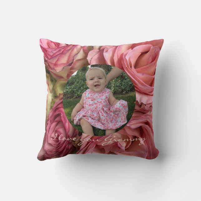Custom Round Photo World's Best Grandma Pink Roses Cushion (Back)
