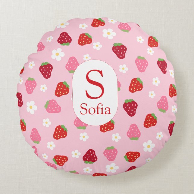 Custom Round Strawberry & Daisy Baby Pillow (Front)