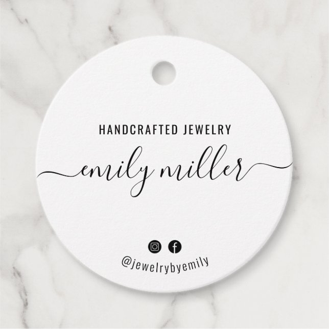 Custom Round White Script Handmade Jewellery Tag (Front)