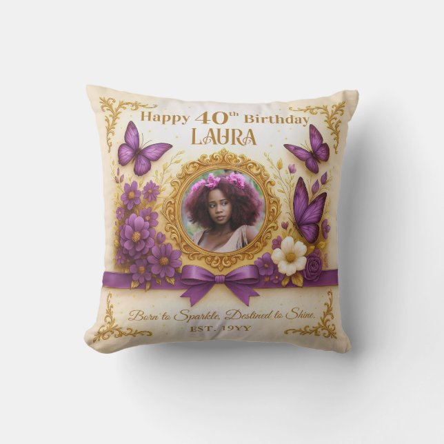 Custom Royal Gold Purple Butterfly Birthday Gift Cushion (Front)