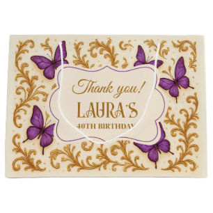 Custom Royal Gold Purple Butterfly Birthday Large Gift Bag
