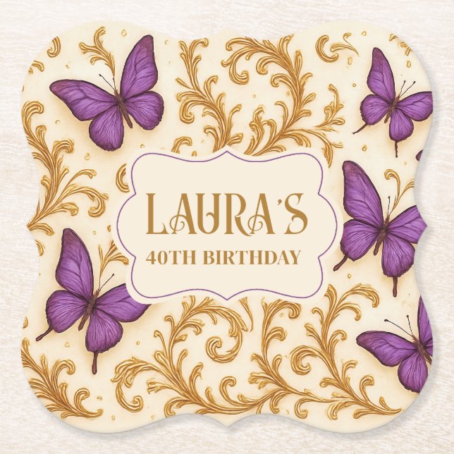 Custom Royal Gold Purple Butterfly Birthday Paper Coaster (Front)