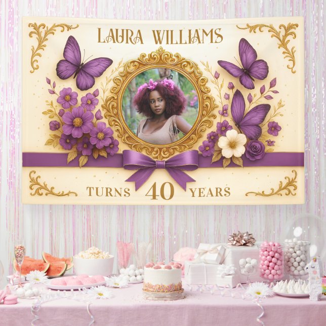 Custom Royal Gold Purple Butterfly Birthday Party Banner (Party)