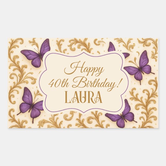 Custom Royal Gold Purple Butterfly Birthday  Rectangular Sticker (Front)