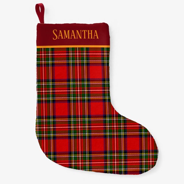Custom Royal Stewart Clan Tartan Plaid Name Small Christmas Stocking (Front)