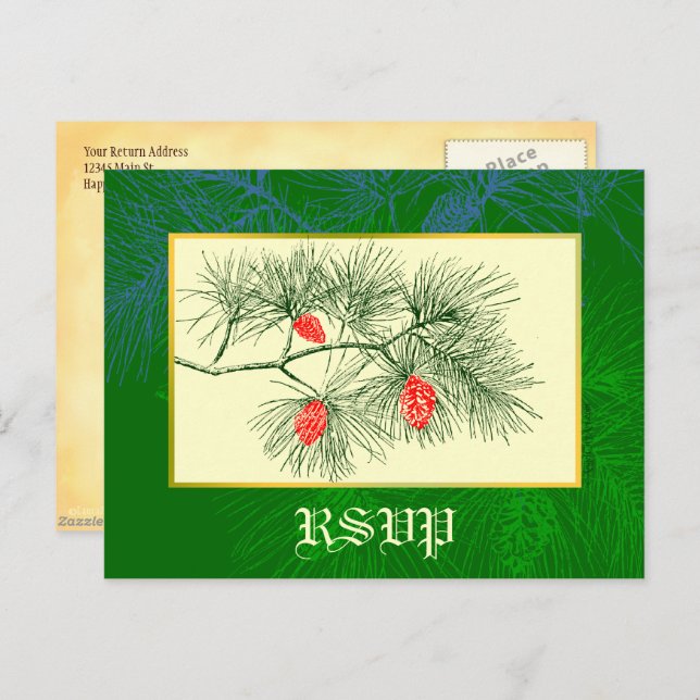 Custom RSVP Holiday Green Pine Postcard (Front/Back)