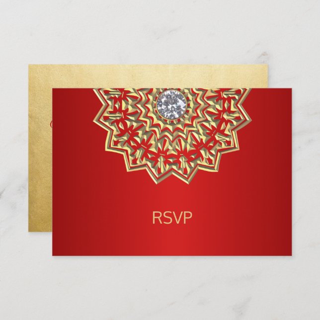 Custom Ruby RED Gold Indian Mandala RSVP Wedding Invitation (Front/Back)