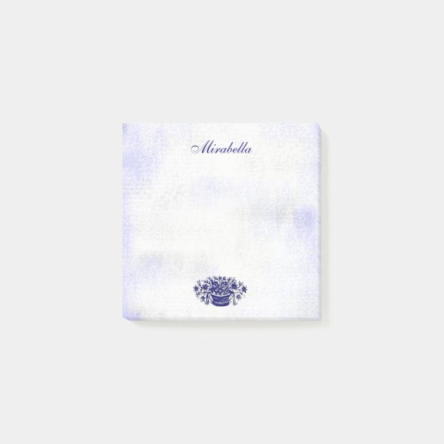 Custom Rustic Blue White Floral Faux Canvas Sticky Post-it Notes (Front)