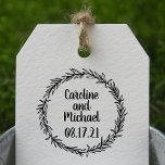 Custom Rustic Botanical Country Wreath Wedding Rubber Stamp<br><div class="desc">A perfect addition to use for your Wedding whether it's for your Save the Date Envelopes, Bridal Shower or wedding day favour bags or tags. Hand drawing of a elegant laurels, leaves in a shape of a wreath with a country rustic look. Customise the bride and groom's name with the...</div>