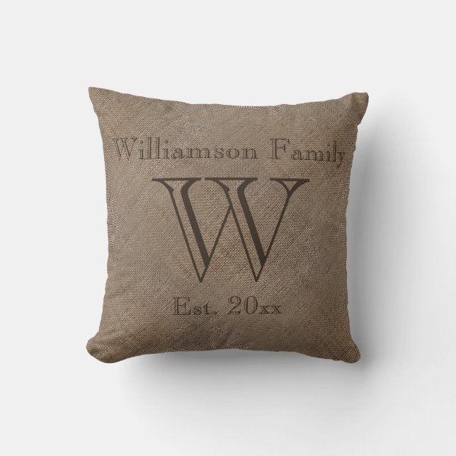 Custom Rustic Burlap-Look Family Keepsake Cushion (Front)