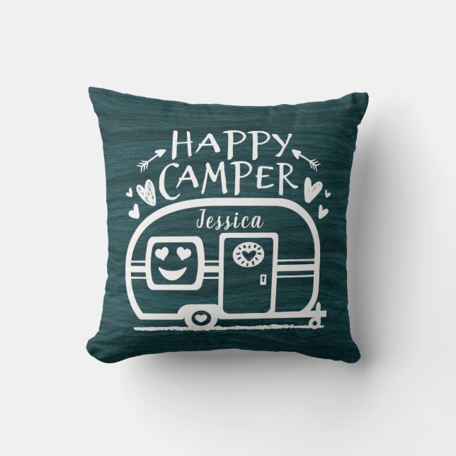 Custom Rustic Camping Happy Camper Blue Rv Cushion (Front)