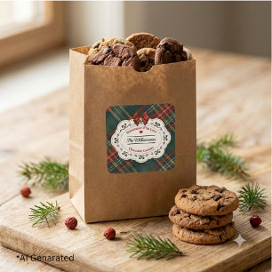 Custom Rustic Christmas Tartan Plaid Treat Bag Square Sticker