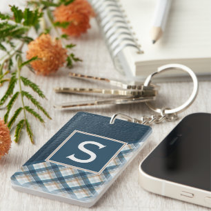 Custom Rustic Dark Blue Brown Stripe Plaid Pattern Key Ring