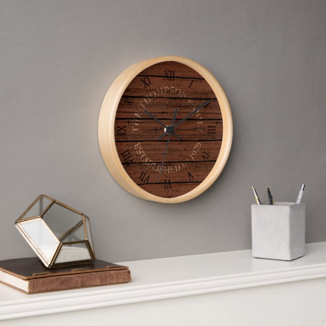Custom Rustic Dark Brown Weathered Plank Pattern Clock (Office)