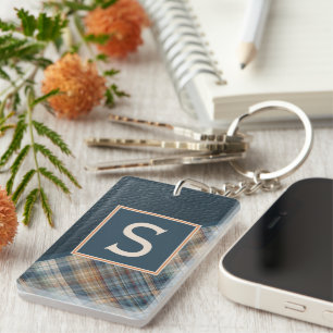 Custom Rustic Dark Teal Blue Stripe Plaid Pattern Key Ring
