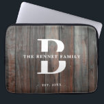 Custom Rustic Farmhouse Family Name Wood Laptop Sleeve<br><div class="desc">This modern,  rustic laptop sleeve features your family monogram and name over a printed dark brown wood backdrop in a retro cool typography design. Customise with your family name and initial and make this your own.</div>