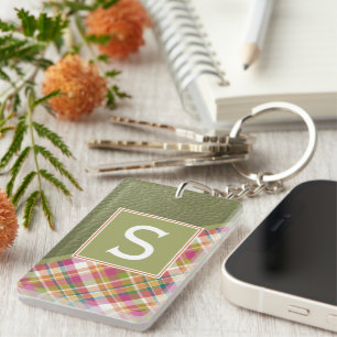 Custom Rustic Green Green Stripe Plaid Pattern Key Ring