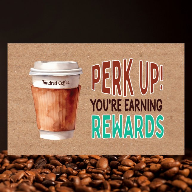 Custom Rustic Kraft Coffee Loyalty Business Card (Rustic kraft coffee loyalty card with watercolor art, QR code, and rewards tracking for cafes.)