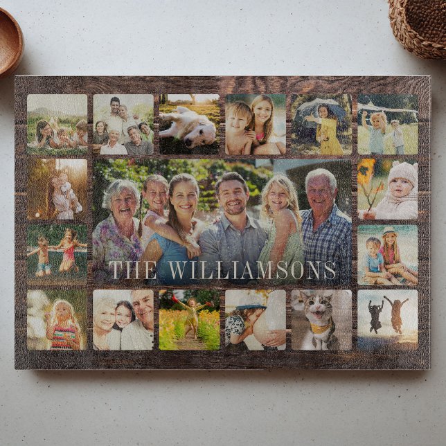 Custom Rustic Modern Family Photo Collage Keepsake Cutting Board (Creator Uploaded)
