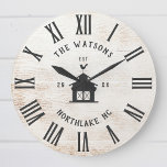 Custom Rustic Modern Farmhouse Family Name Vintage<br><div class="desc">Personalised Family Name, city, state and year established Rustic Modern Wall clock in a trendy farmhouse style design with roman numeral clock face, barn illustration, and light white wood plank / shiplap backdrop design. Perfect gift for newlyweds, wedding or housewarming present or grandparents gift, or for a home make-over in...</div>