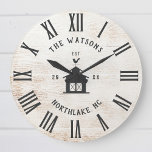 Custom Rustic Modern Farmhouse Family Name Vintage Large Clock<br><div class="desc">Personalised Family Name, city, state and year established Rustic Modern Wall clock in a trendy farmhouse style design with roman numeral clock face, barn illustration, and light white wood plank / shiplap backdrop design. Perfect gift for newlyweds, wedding or housewarming present or grandparents gift, or for a home make-over in...</div>