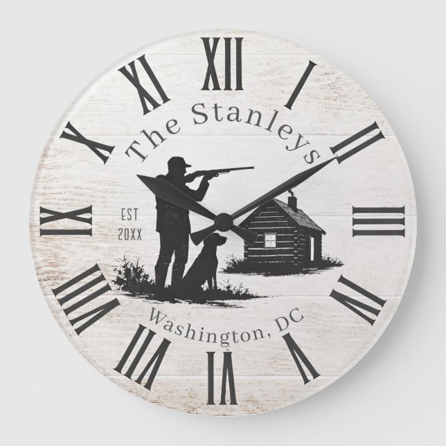 Custom Rustic Modern Hunting Family Name Large Clock (Front)
