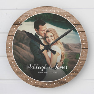 Custom Rustic Modern Wedding Photo Script Round Clock
