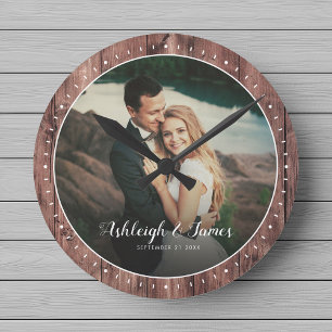 Custom Rustic Modern Wedding Photo Script Wood Round Clock