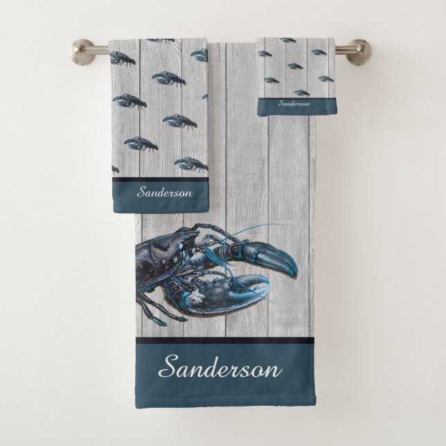 Custom Rustic Nautical Blue Lobster Grey Wood Case Bath Towel Set (Insitu)