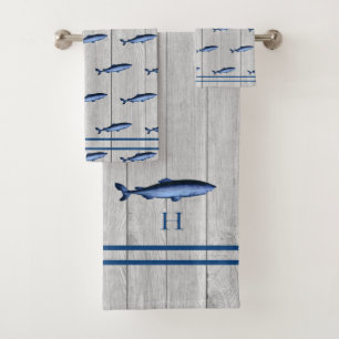 Custom Rustic Nautical Shark Blue Grey Wood  Bath Towel Set