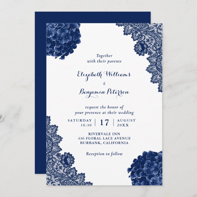 Custom Rustic Navy Blue Hydrangea Floral Wedding Invitation (Front/Back)
