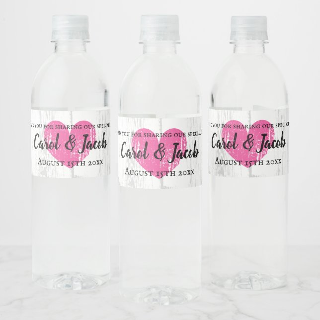 Custom rustic pink heart and white wood panel water bottle label (Bottles)