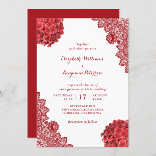 Custom Rustic Red Hydrangea Floral Lace Wedding Invitation