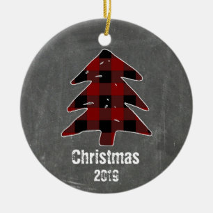 Custom Rustic Red Plaid Tree & Chalkboard Photo Ceramic Tree Decoration