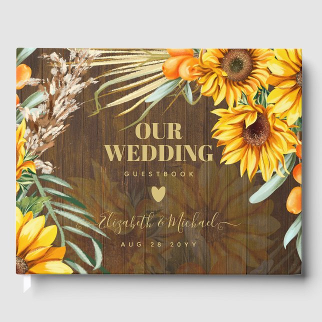 Custom Rustic Sunflowers Pampas Grass Wedding Guest Book (Front)