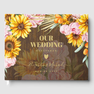 Custom Rustic Sunflowers Pink Roses Wedding Guest Book