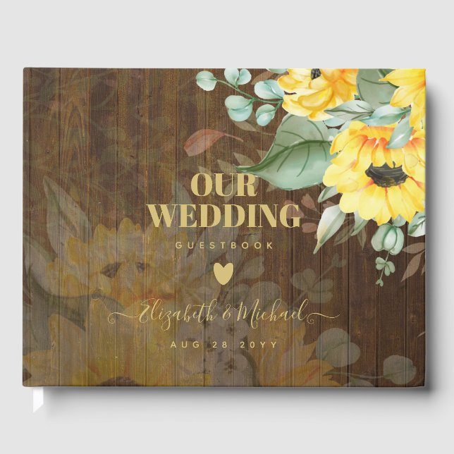 Custom Rustic Sunflowers Pink Roses Wedding Guest Book (Front)