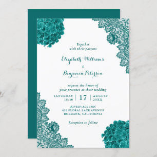 Custom Rustic Teal Hydrangea Floral Lace Wedding Invitation