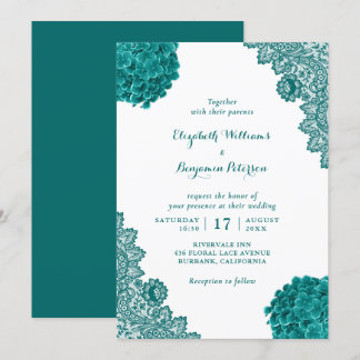Custom Rustic Teal Hydrangea Floral Lace Wedding Invitation