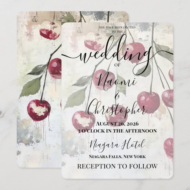 Custom Rustic Vintage Cascading Cherries Wedding Invitation (Front/Back)
