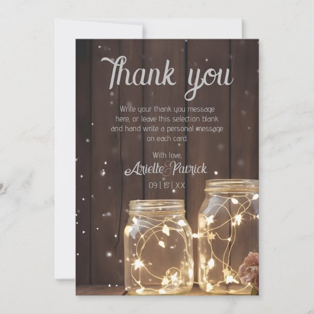 Custom Rustic Wedding Wood Barn Lighting Mason Jar Thank You Card (Front)