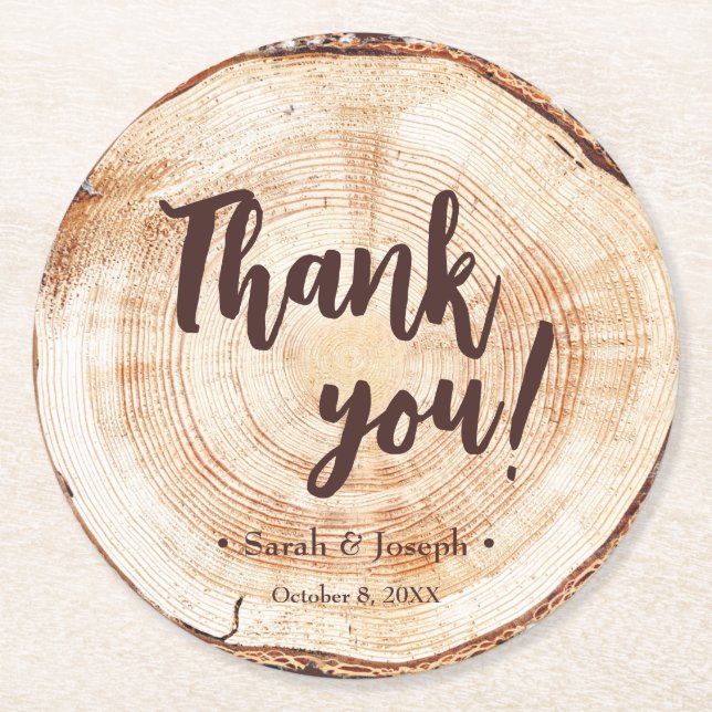 Custom Rustic Wedding Wood Grain Favour Thank you Round Paper Coaster (Front)