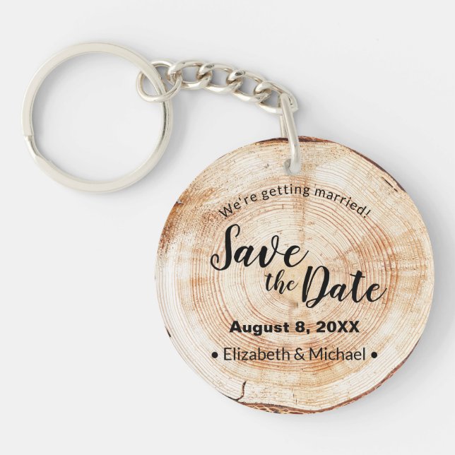 Custom Rustic Wood Cut Disc Wedding Save the Date  Key Ring (Front)