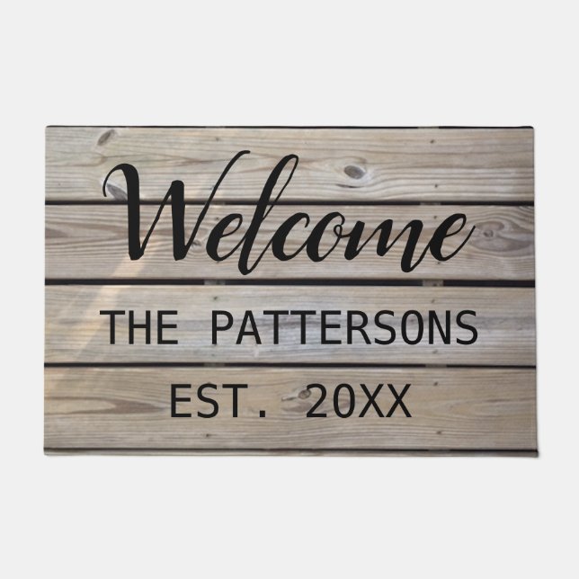 Custom Rustic Wood Family Established Welcome Doormat (Front)