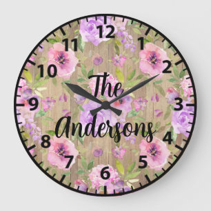 Custom Rustic Wood Flowers Pink and Purple Roses Large Clock