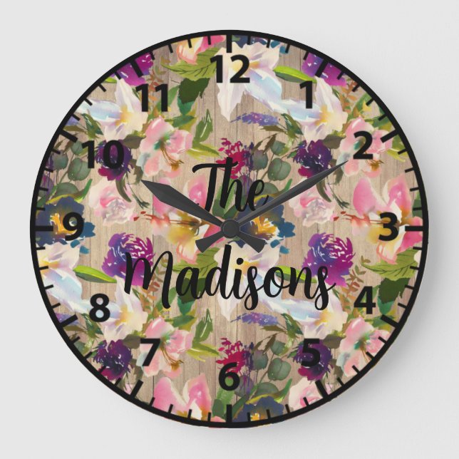 Custom Rustic Wood Flowers Tropical Flowers Large Clock (Front)